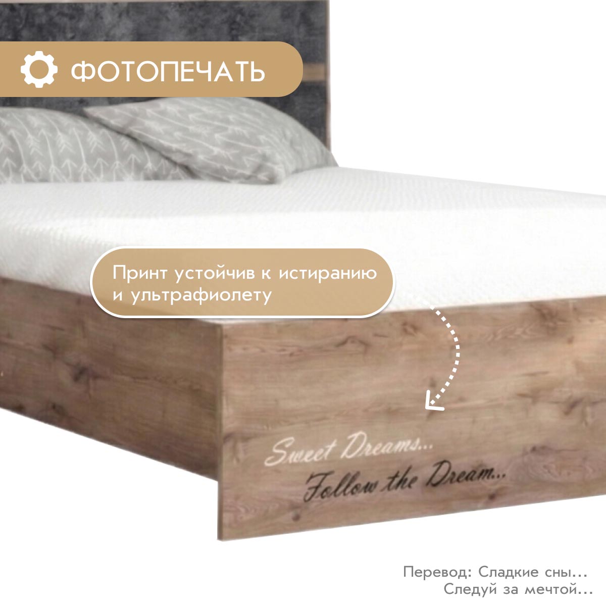 Кровать "Вирджиния" 1,60 с фотопечатью (Дуб Крафт Табачный - Цемент темный)