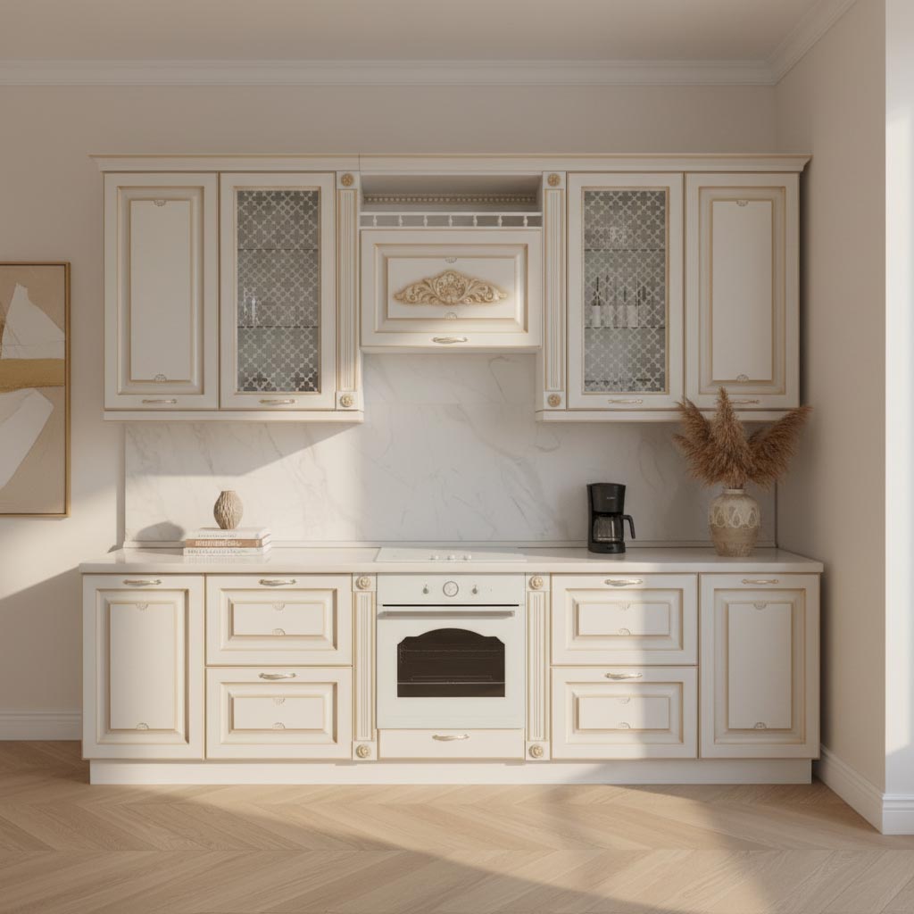 Кухня Ника (Платина Шагрень + патина золото / столеш. Диамант глянец)