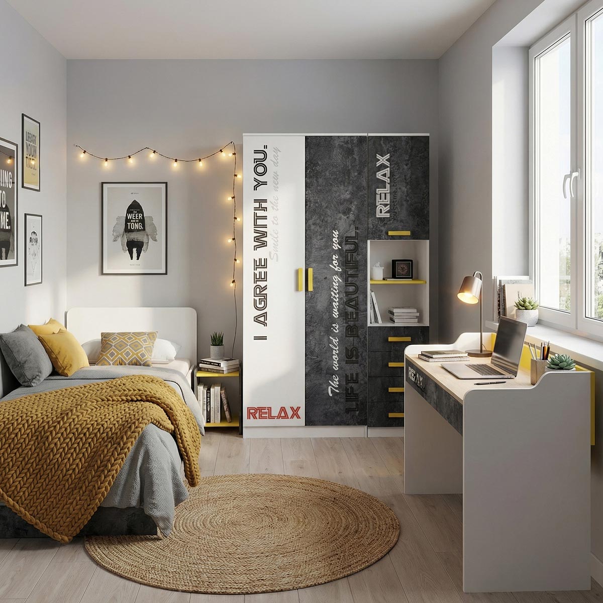 Пенал "Принт" 0,45 с нишей (Белый - Цемент темный - Желтый)