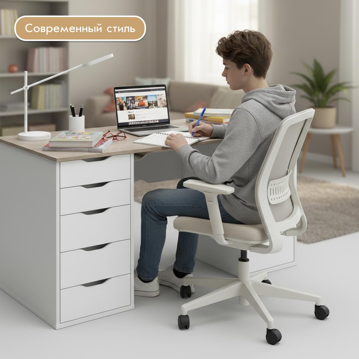 Компьютерный стол "Снежок" (Белый - Дуб Кронберг)