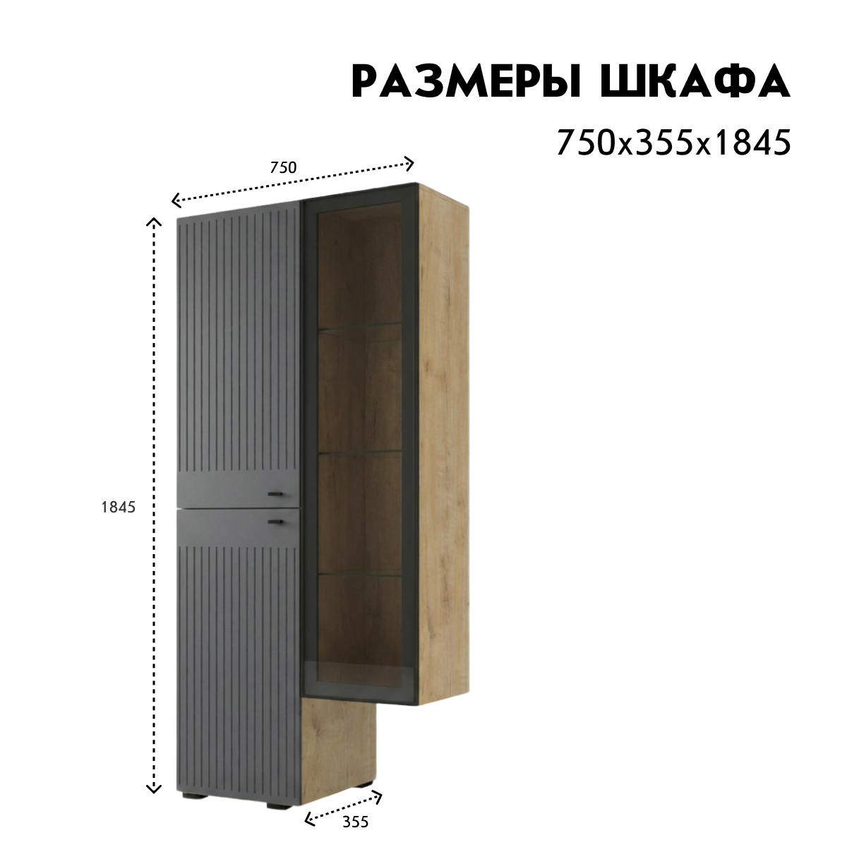 Шкаф - витрина H1846 - стенка "Евгения" (Дуб Бунратти – Монолит Мун)